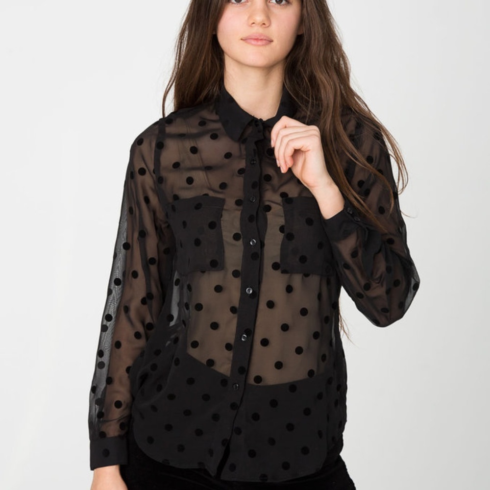 American Apparel Black Sheer Polka Dot Button-Down Shirt